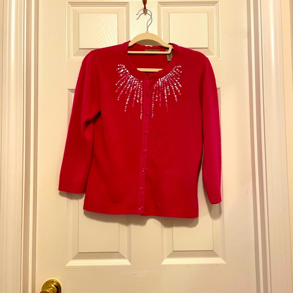 Striking i.e. sequined  sweater! Dressy deep pink buttoned cardigan. Size M.